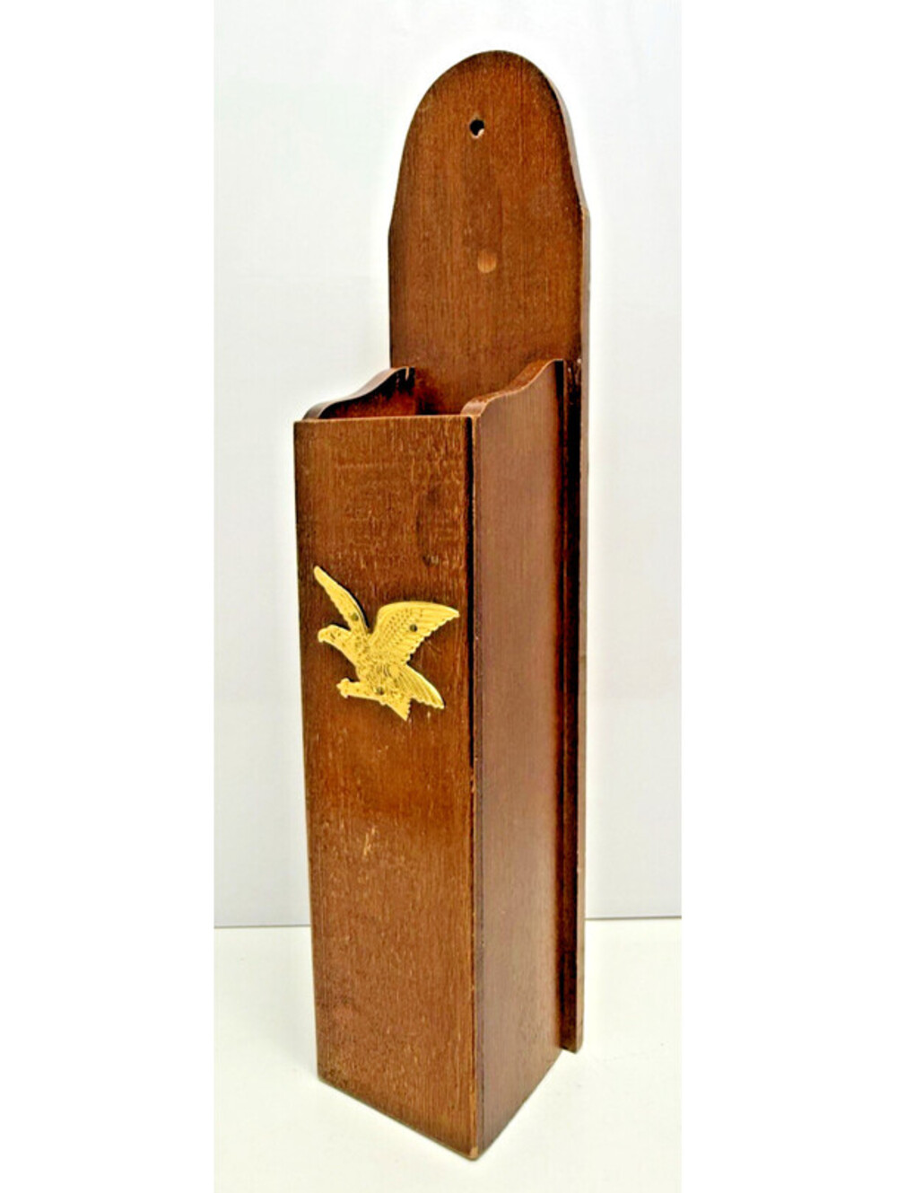 Vtg Long Wooden Matchstick Holder with Gold Metal Eagle Wall Hanging Cottagecore